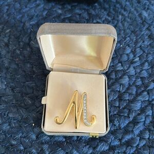 VINTAGE • Letter M Gold Brooch • Cursive, Embossed M Initial Pin, Monogram M